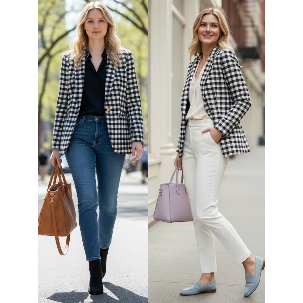 NWT J. CREW BLAZER JACKET 2 WOOL BLACK WHITE GOLD GINGAM PLAID ACADEMIA PREPPY
